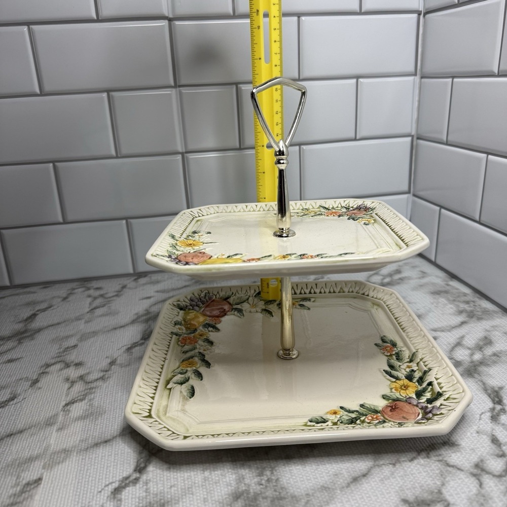Vintage Lefton China 2 Tier Tidbit Tray Fruit Pattern Dessert Serving Stand 6729
